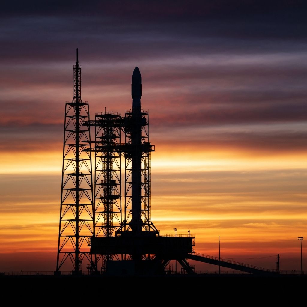 Rocket launch pad at sunset